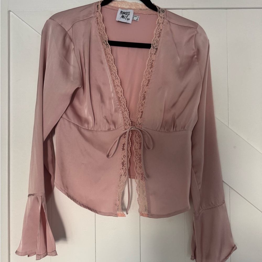 Princess Polly Blush Lace-Trim Tie Blouse